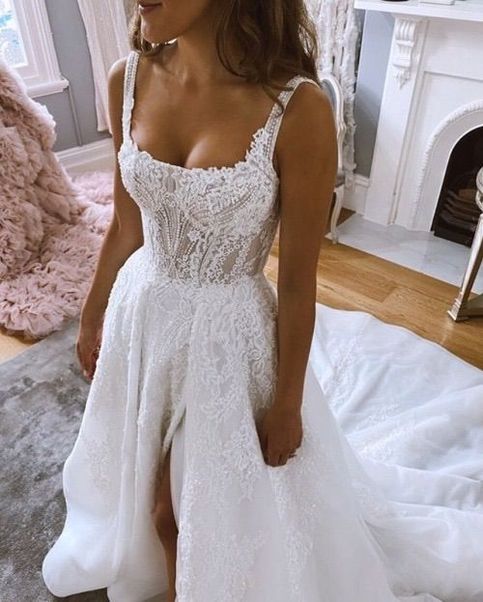 Long Prom Dresses Gorgeous Ball Gown Square Neck Split Wedding Dresses with Appliques cg18448