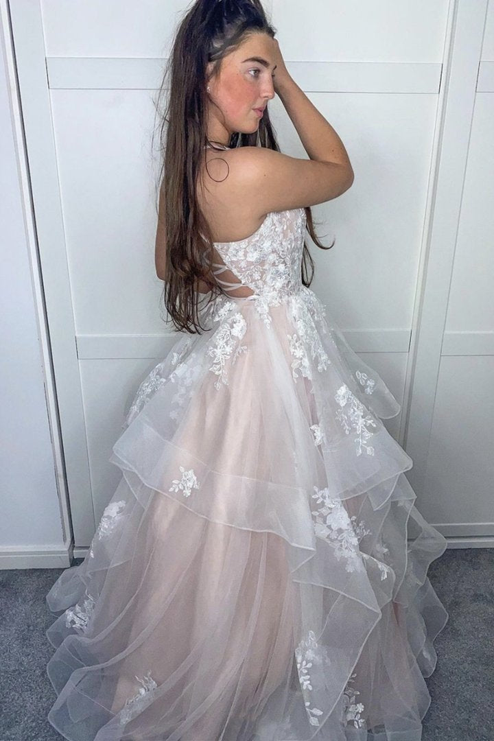 Stylish v neck lace long prom dress evening dress cg18454
