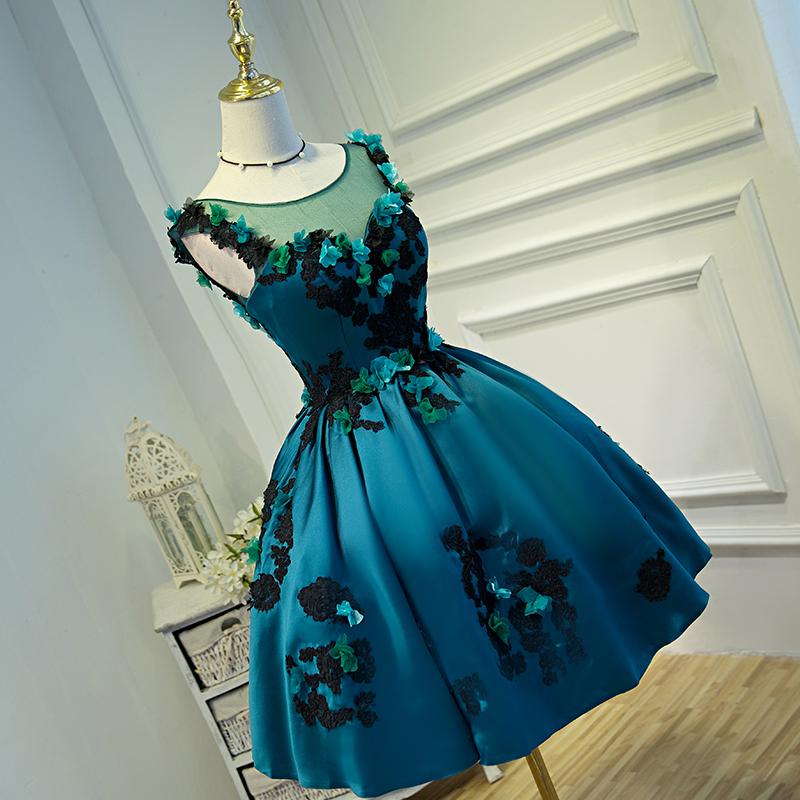 Lovely Satin Knee Length Ball Gown Party Dress With Flower Lace Homecoming Dress cg18455