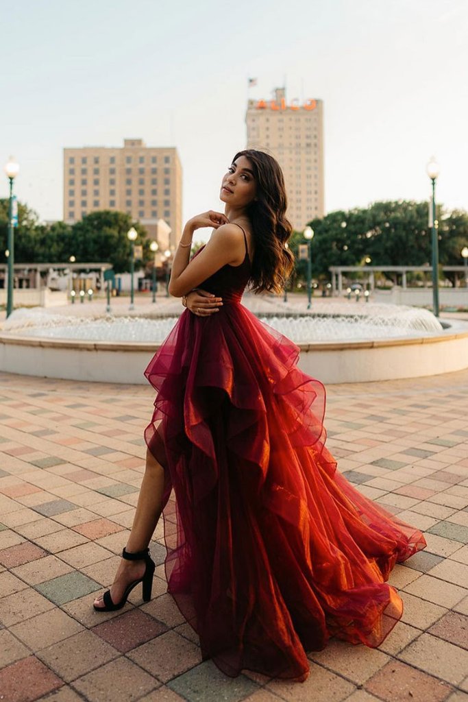 BURGUNDY SWEETHEART NECK HIGH LOW TULLE LONG PROM DRESS cg18458
