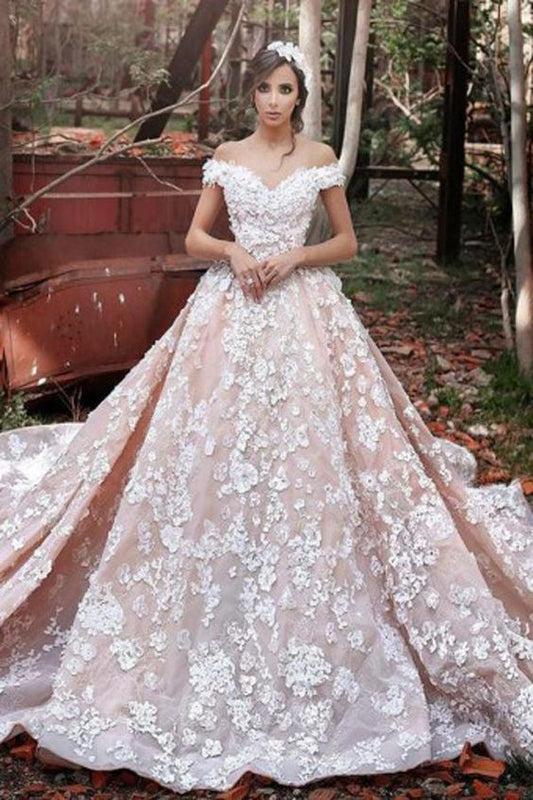 Luxuriöses Organza-Brautkleid mit schulterfreien kurzen Ärmeln und Spitze, Günstige Ballkleider cg1847