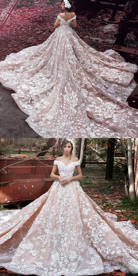 Luxuriöses Organza-Brautkleid mit schulterfreien kurzen Ärmeln und Spitze, Günstige Ballkleider cg1847