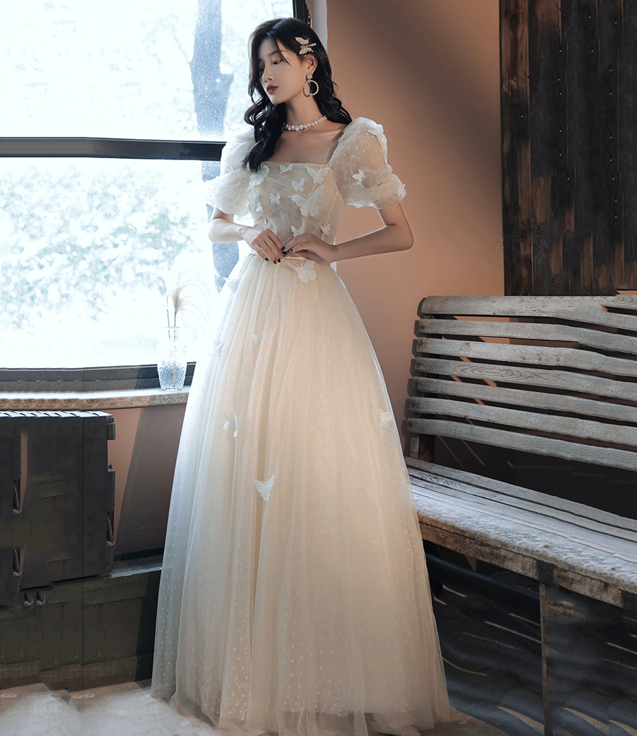 CHAMPAGNE TULLE LONG PROM DRESS A LINE EVENING DRESS cg18473