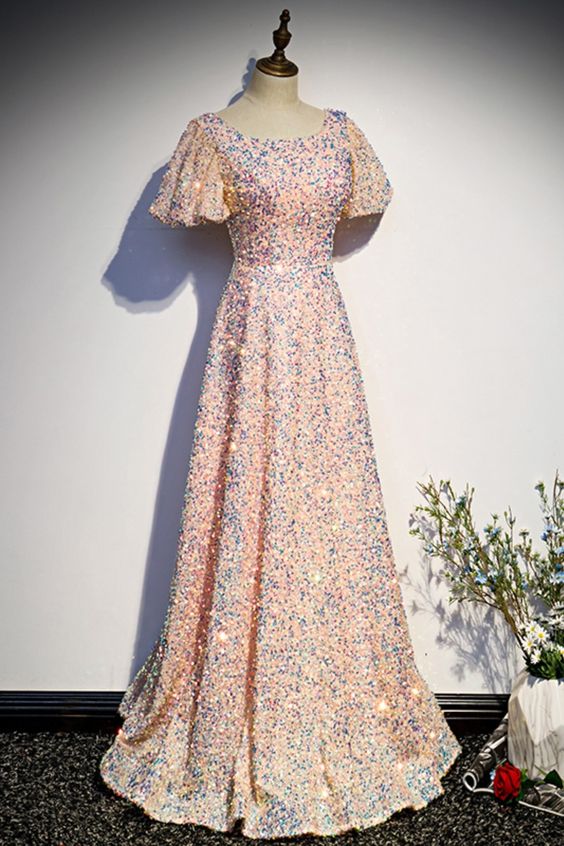 flutter sleeves champagne sequined long formal dress prom dress evening dress cg18475