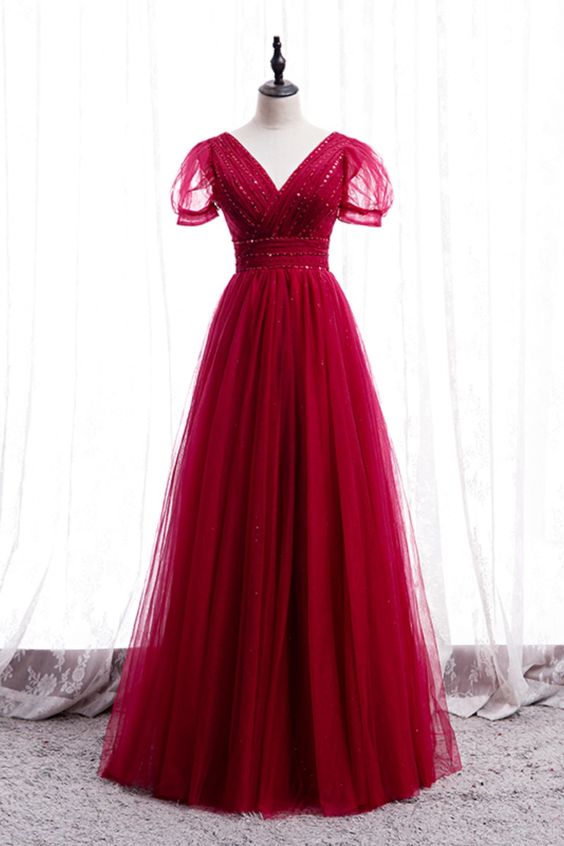A-line red tulle long formal dress with short sleeves for Prom or Birthday Party cg18477