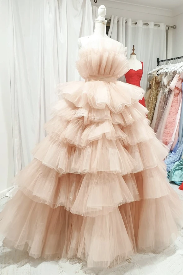 Pink tulle long prom dress A line evening dress cg18485