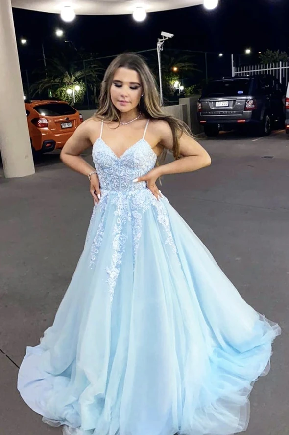 Blue tulle lace long prom dress blue evening dress cg18486