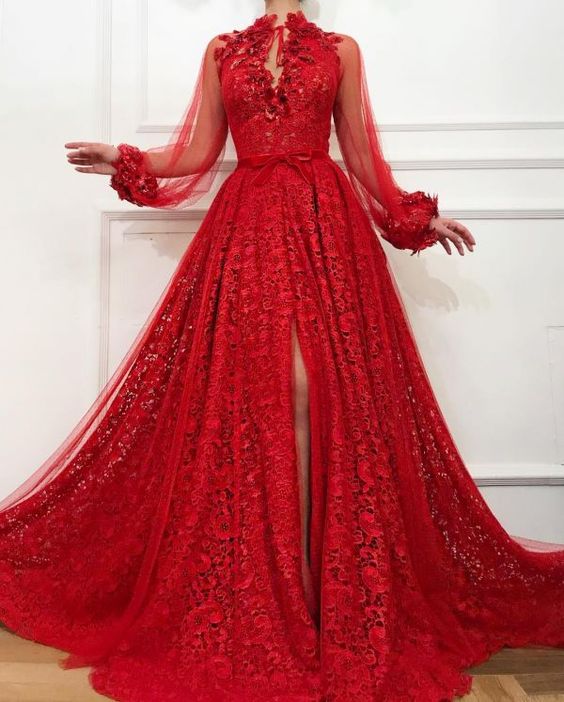 Split-Front Long Sleeves red Prom Dress cg18513