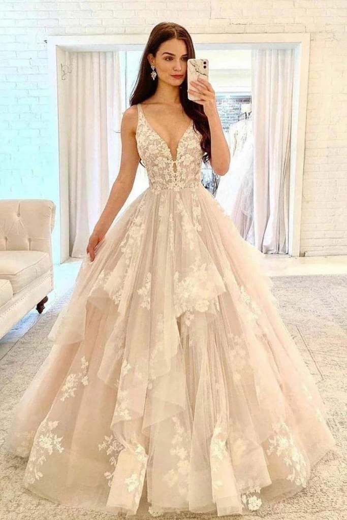 CHAMPAGNE V NECK TULLE LACE LONG PROM DRESS LACE FORMAL DRESS cg18523