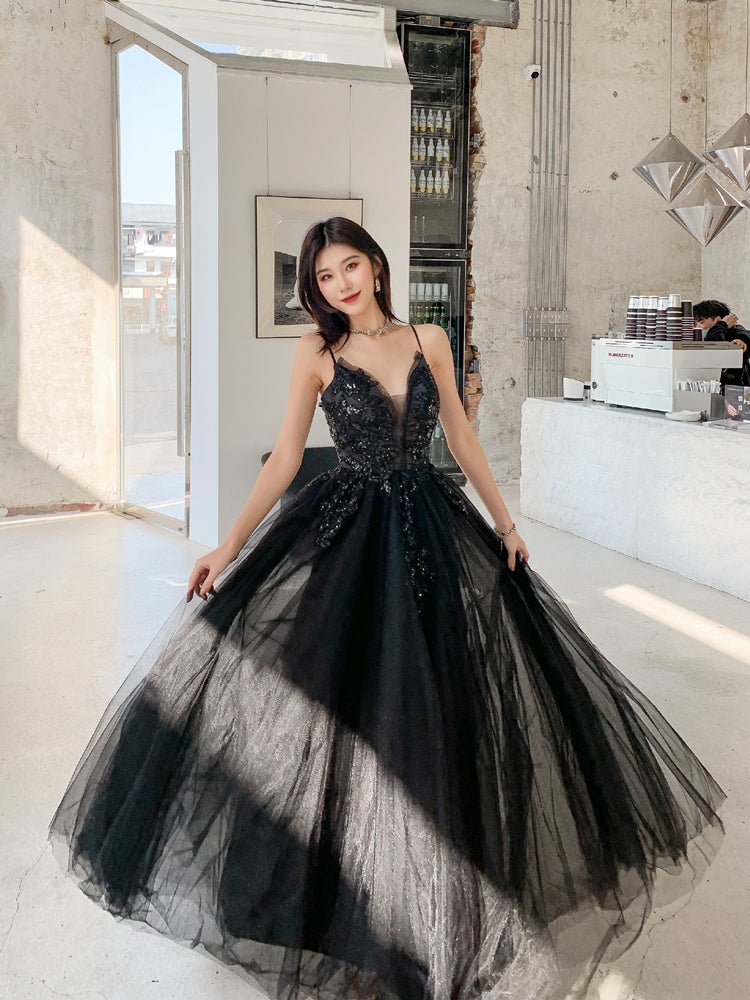 BLACK V NECK LACE LONG PROM DRESS A LINE EVENING DRESS cg18558