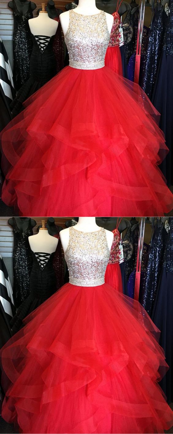 Stunning Sequins Beaded Organza Ruffles Ball Gowns Prom Dresses Red Quinceanera Dress cg18566