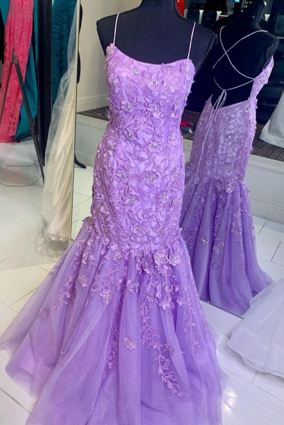 mermaid lavender lace appliqued long prom dress with lace up back cg18571