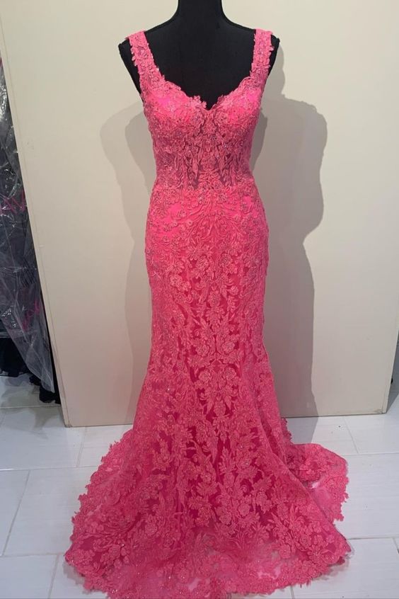 mermaid hot pink lace long prom dress cg18573