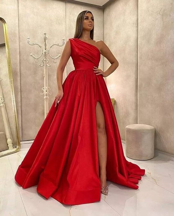 Gorgeous one shoulder satin prom slit dress, bridesmaid slit dress cg18580