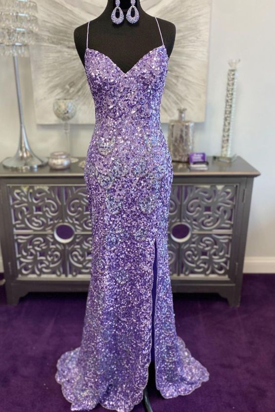 Straps mermaid lavender sequined long prom dress with side slit cg18581