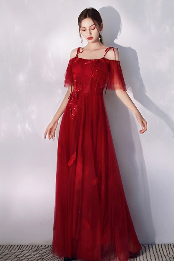 A-Line Straps Beaded Red Tulle Formal Dress Prom Dress cg18588