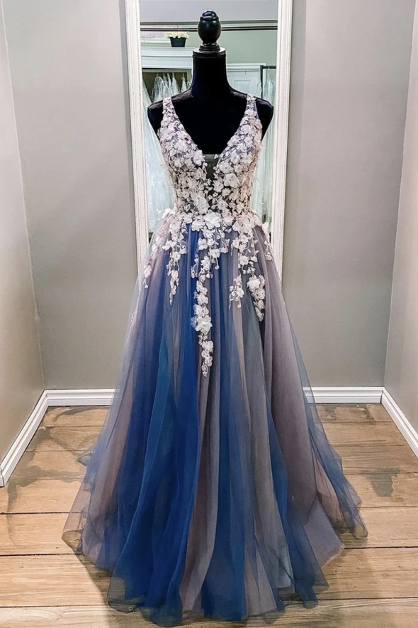 Blue lace appliqu long A line prom dress evening dress cg18591 classygown Blue lace appliqu long A line prom dress evening dress cg18591 classygown