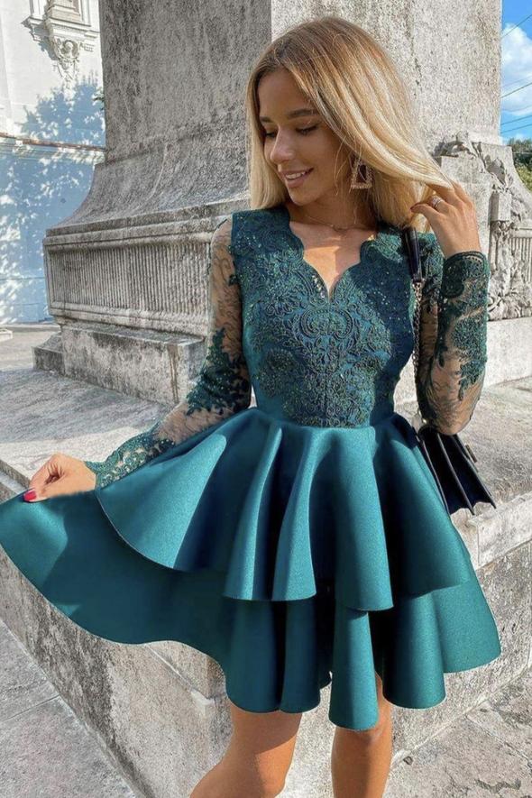 Green v neck lace short homecoming dress cg18601