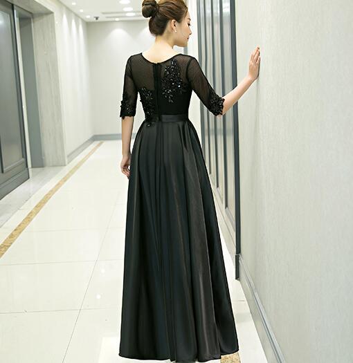 Black Satin Tulle Top Short Sleeves Bridesmaid Dress, Black Long Prom Dress Party Dress cg18602