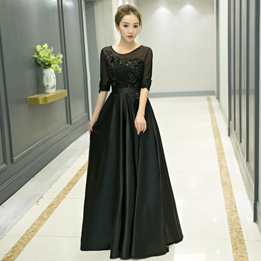 Schwarzes Satin-Tüll-Oberteil mit kurzen Ärmeln, Brautjungfernkleid, schwarzes langes Ballkleid, Partykleid cg18602