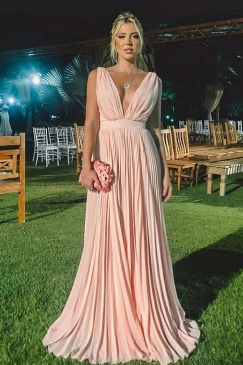 Simple pink v neck chiffon long prom dress pink formal dress cg18604