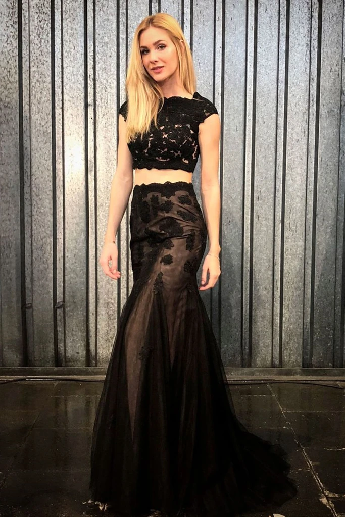 Mermaid 2 Pieces Black Lace Long Prom Dress, Mermaid Black Formal Dres