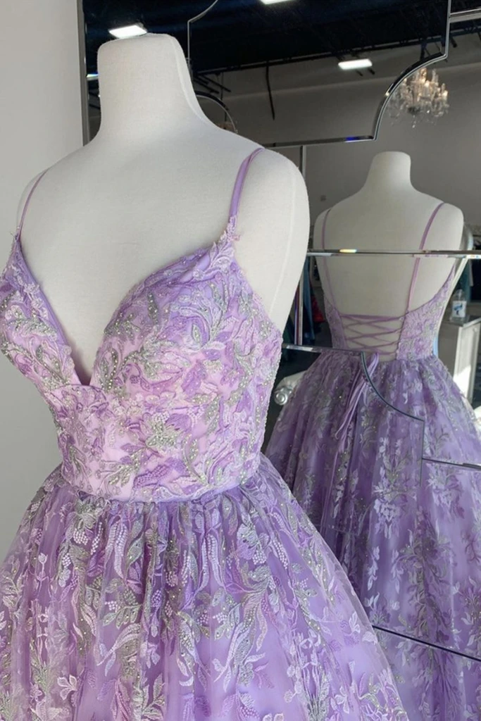 Gorgeous V Neck Thin Straps Purple Long Prom Dress, V Neck Purple Formal Evening Dress, Purple Ball Gown cg18616