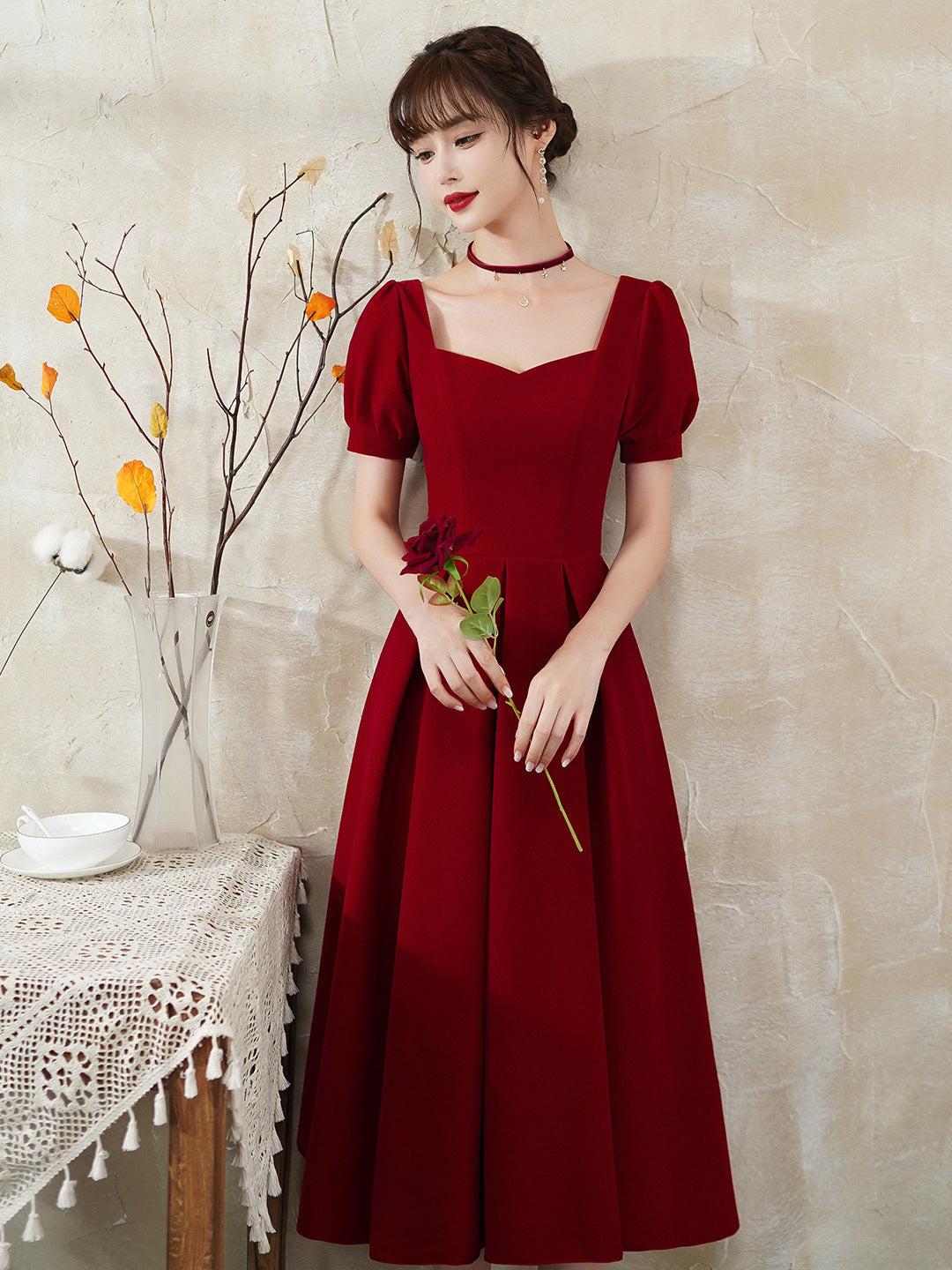 Burgundy party dress, short sleeve midi dress,satin homcoming dress cg18626