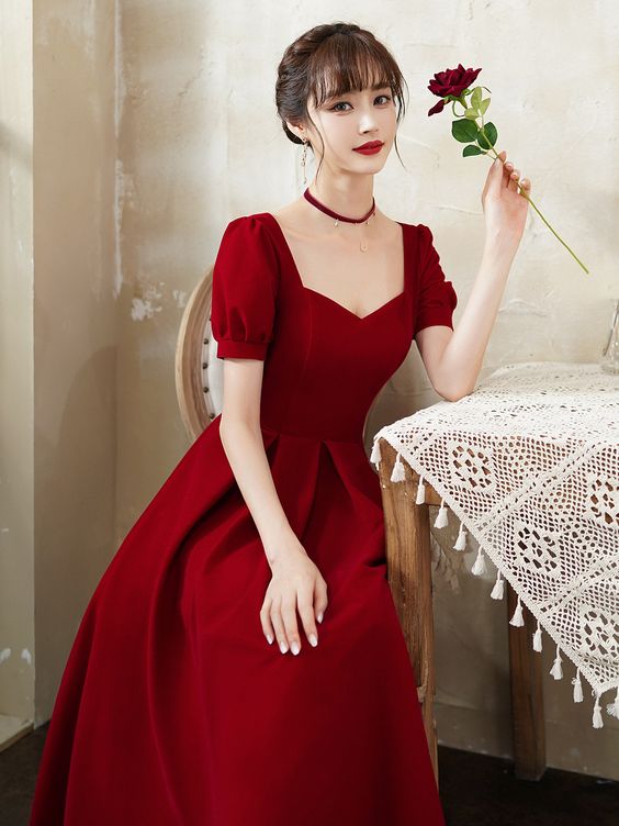 Burgundy party dress, short sleeve midi dress,satin homcoming dress cg18626