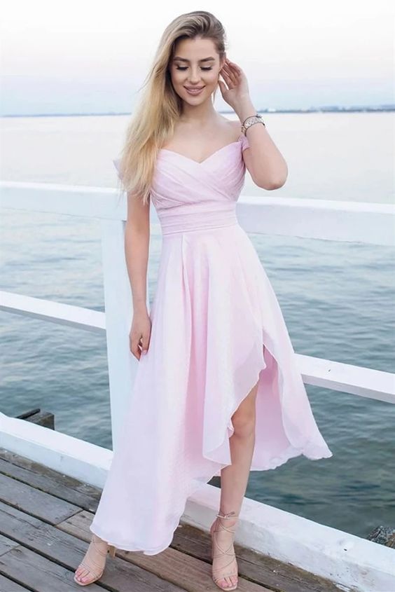 Off Shoulder High Low Pink Chiffon Prom Dress, High Low Pink Formal Graduation Dresses For Women cg18627