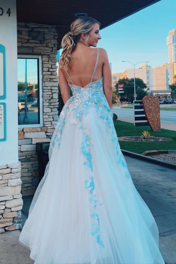 A-line white tulle and light blue embroidery long prom dress formal dress cg18666
