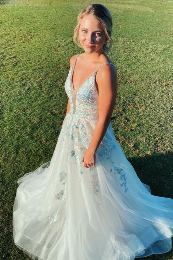 A-line white tulle and light blue embroidery long prom dress formal dress cg18666