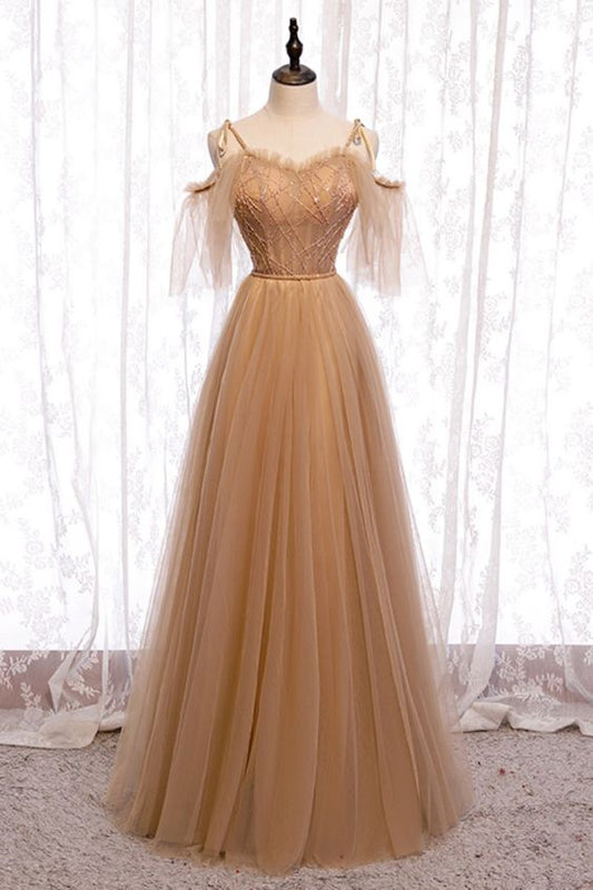 schulterfreies champagner tüll lange brautjungfernkleider langes ballkleid formelles kleid cg18667