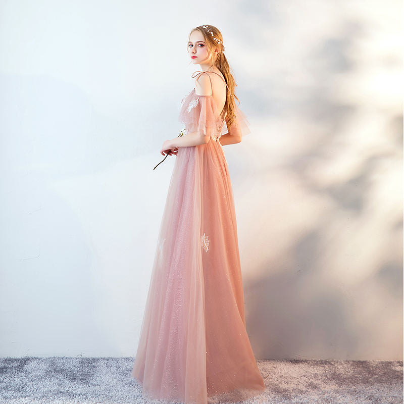 Princess Straps Pink Lace Tulle Long Prom Dress cg18669