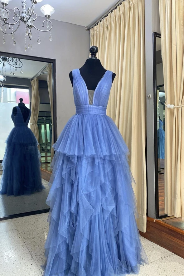 Blue tulle long prom dress A line evening dress cg18701
