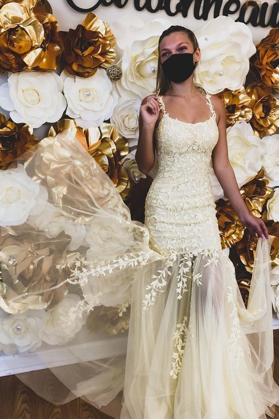 Long Mermaid Prom Dresses ,Yellow Lace Formal Dress cg18708