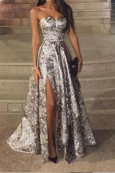 Sexy Silber Ärmellose Pailletten Fischschwanz Abendkleid langes Ballkleid wunderschöne Abendkleider cg18716