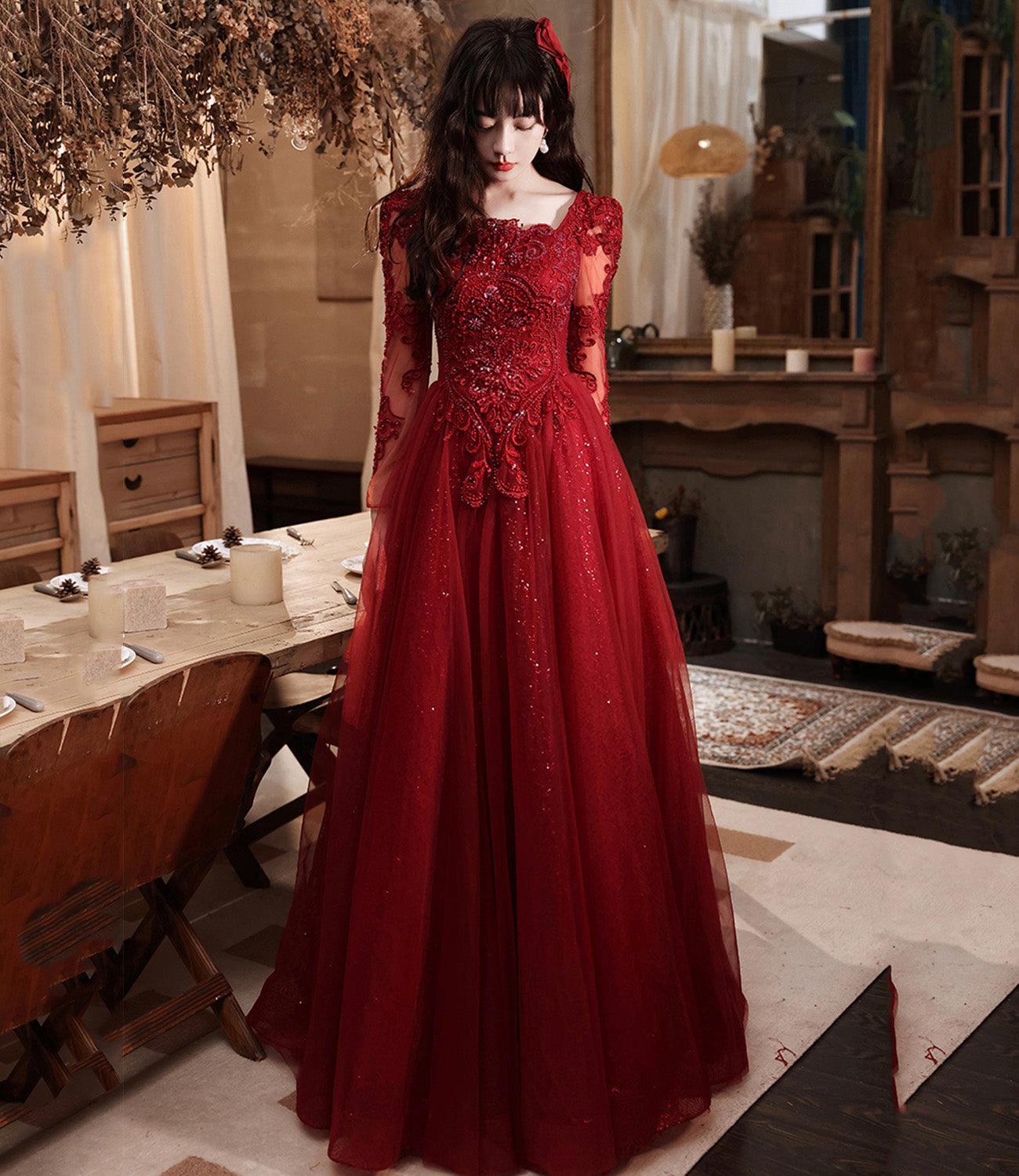 BURGUNDY LACE LONG PROM DRESS EVENING DRESS cg18726