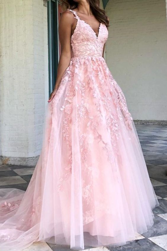 A-line pink lace appliques long prom dress formal dress cg18728
