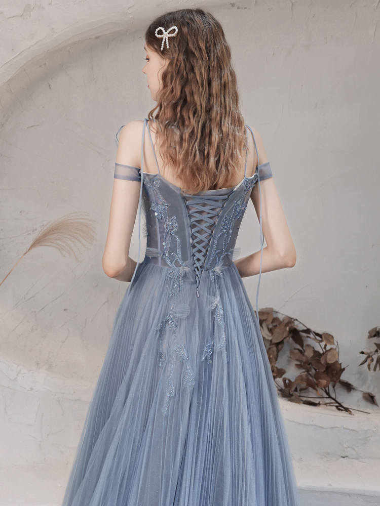 Princess A-Line Straps Beaded Dusty Blue Long Prom Dress cg18732
