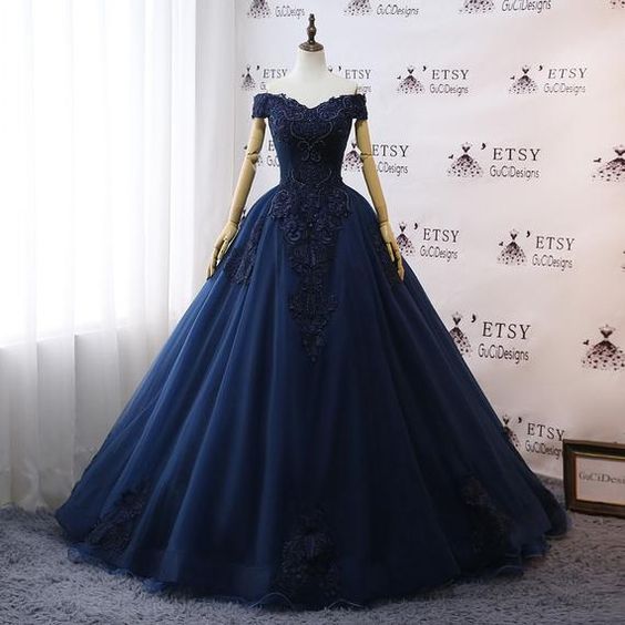 Prom Dresses Navy Blue Wedding Dresses Floral Lace Ball Gown off shoulder Evening Dress cg18735