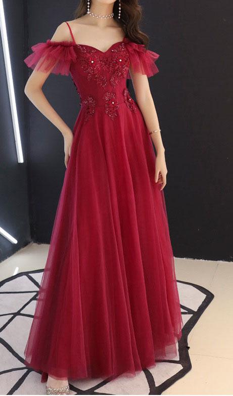V neck spaghetti straps burgundy prom ball gown cg18738