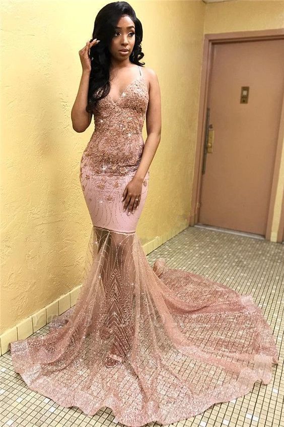 Sexy Pink Sleeveless Spaghetti Straps Appliques Mermaid Long Prom Dress cg18741