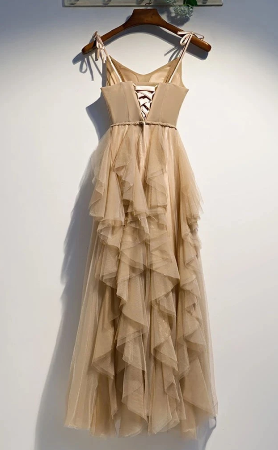 Unique A Line Spaghetti Straps Ruffles Sweetheart Prom Dresses with Belt Evening Dresses cg18744