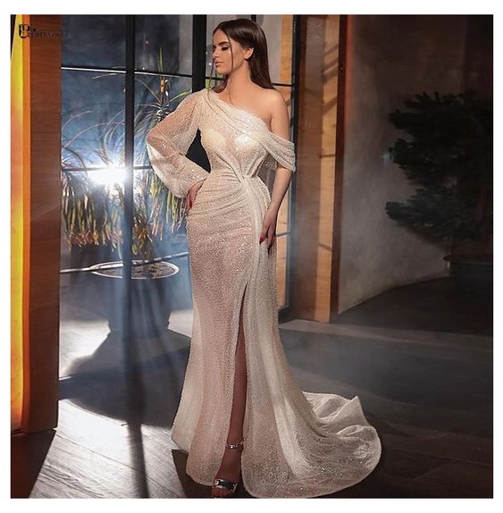 Sparkling Sequin Evening Dresses Long Sleeve Mermaid One Shoulder Sexy Split Champagne Prom Dress cg18751