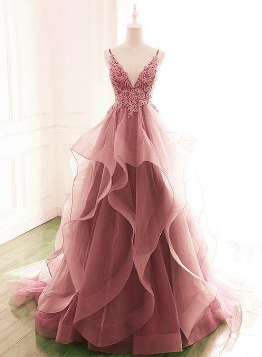 Dunkelrosa Ballkleid mit V-Ausschnitt und Tüllspitze, Ballkleid mit Spaghettiträgern, A-Linien-Kleid mit Rüschen, cg18781