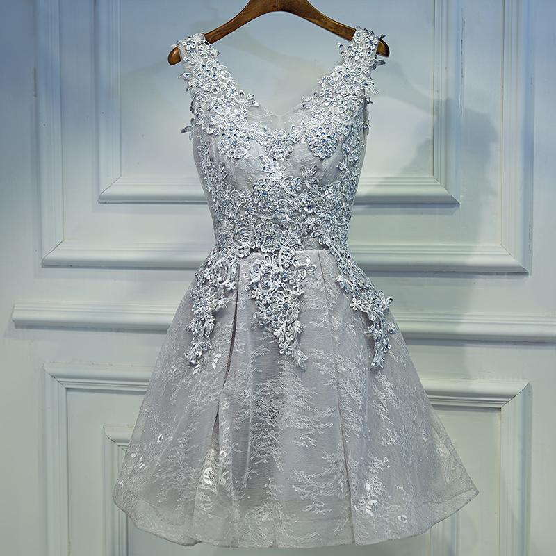 Light Grey Short V-Neckline Lace Applique Party Dress, Grey Homecoming Dress 2021 cg18782