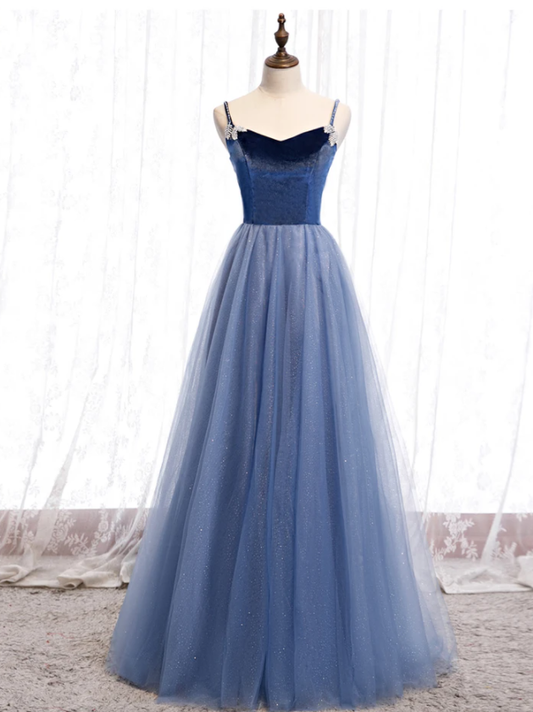 Hellblaues langes formelles Ballkleid aus Samt und Tüll, schlichtes blaues Brautjungfernkleid cg18783