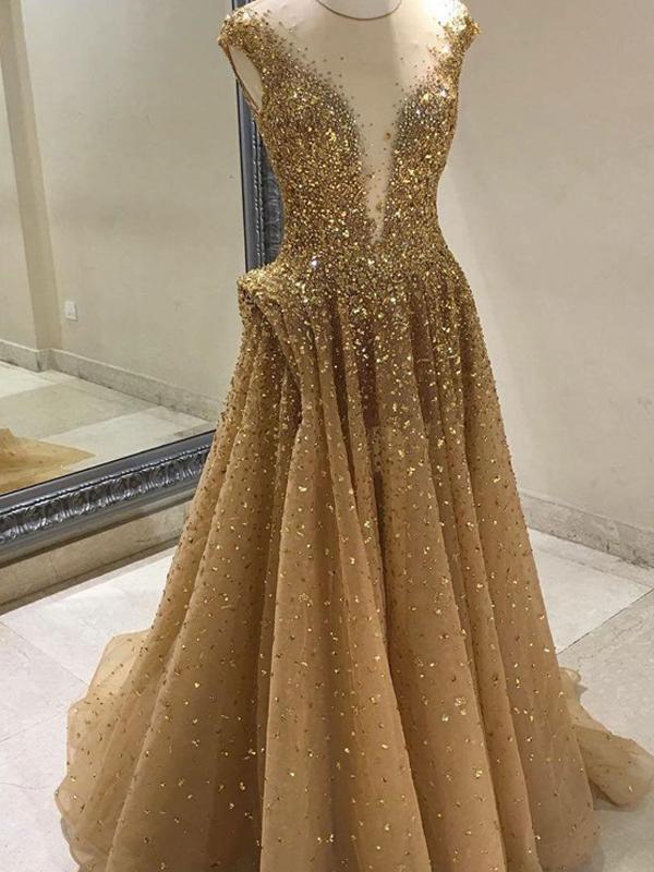 Gold Prom Dress A-line Scoop Custom Made Unique Long Prom Dress cg18784