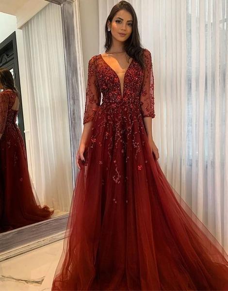 A-Line V-Neck Sweep Train Tulle Prom Dresses with Applique cg18788